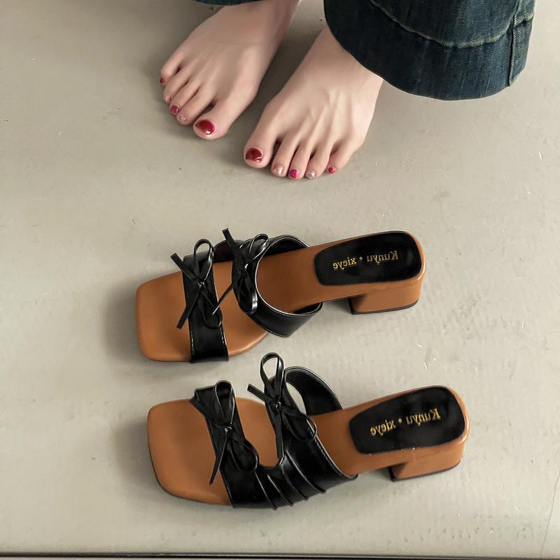 French square head bow with skirt slope heel cool slippers women's summer wear casual square and fashion one-word drag