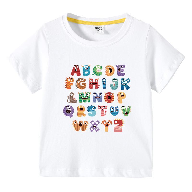 Boys Girls TShirt 26 Letters Print Black 100 Cotton Short Sleeve Tee Soft Casual Summer Tops for Kids Children