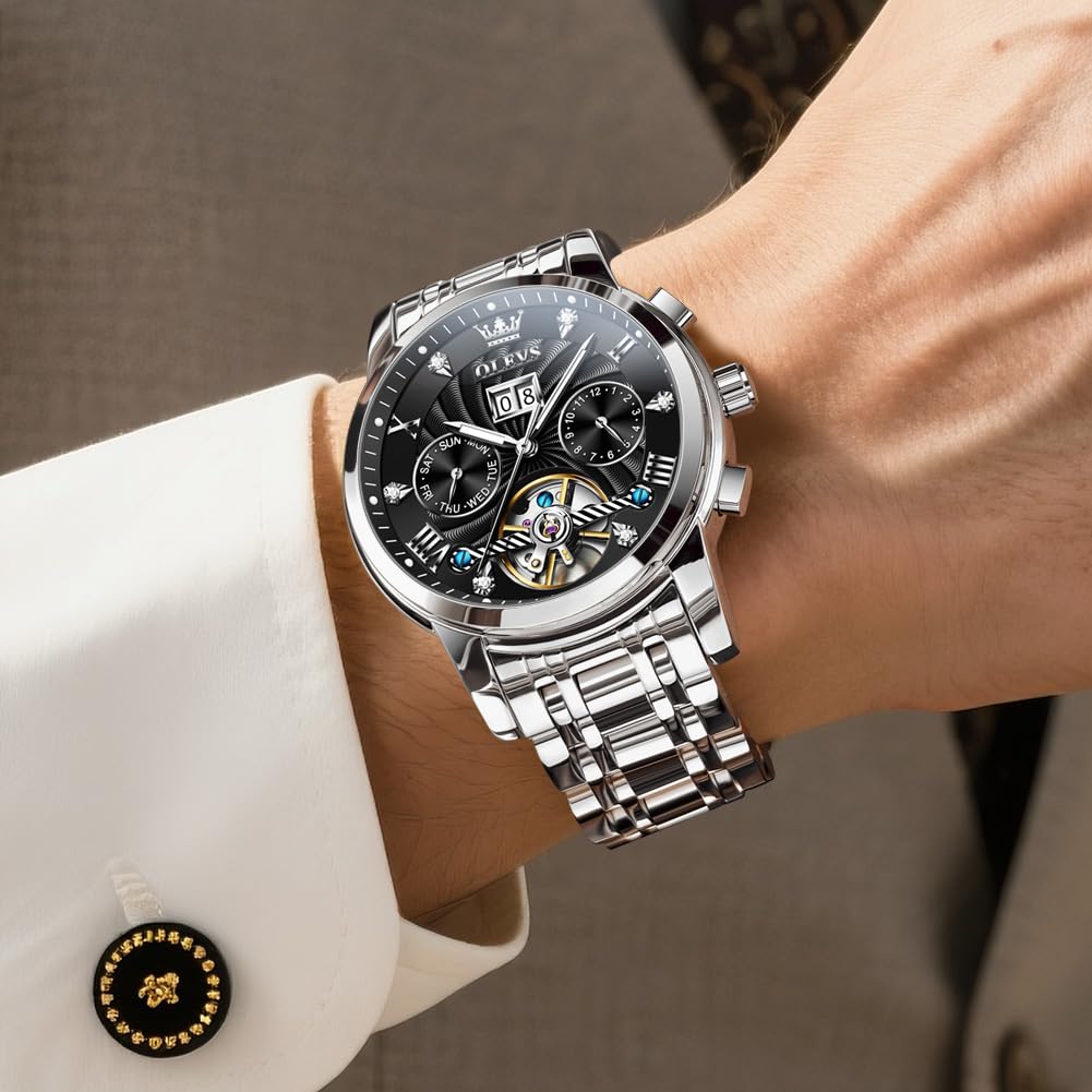 OLEVS Mechanical Automatic Moon Phase Watch Stylish Skeleton Waterproof Popular Luminous Watch for Men