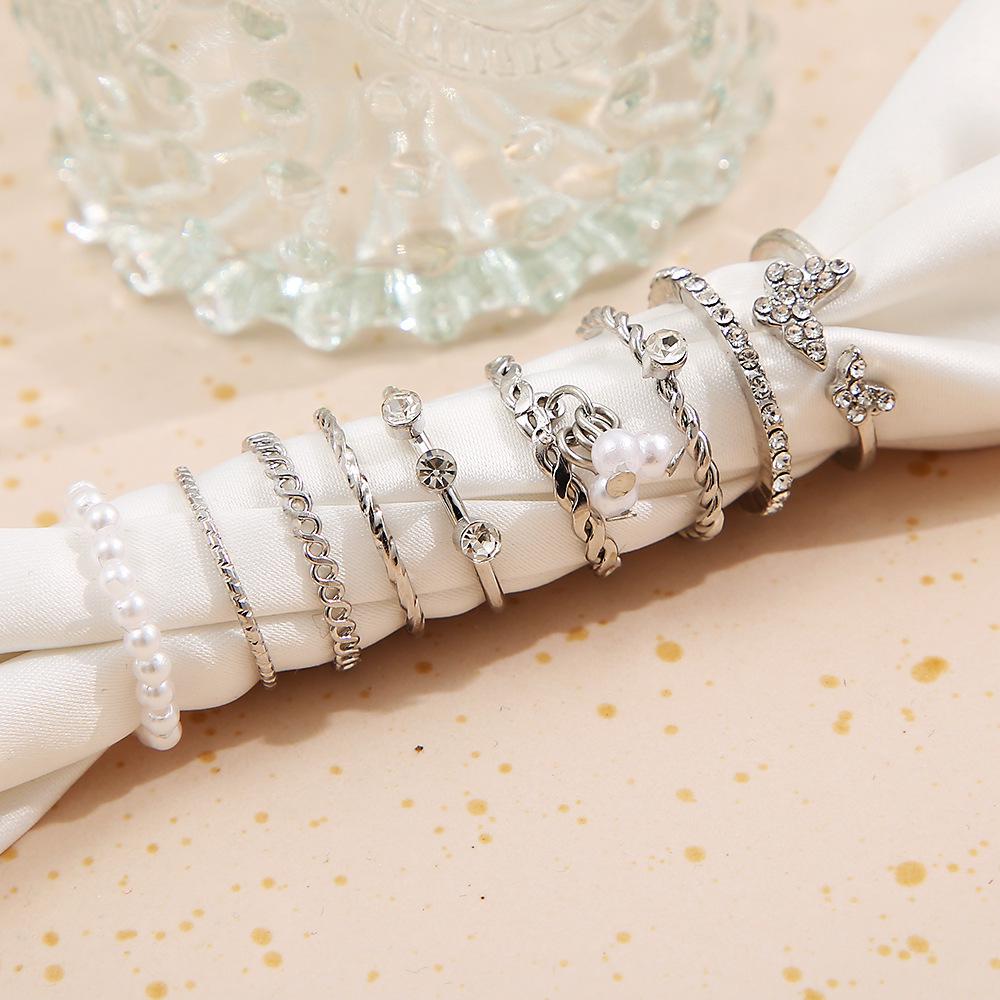 9-Piece Butterfly Rhinestone & Pearl Knuckle Ring Set for Women