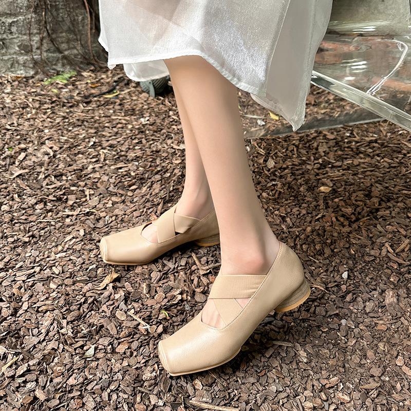 Mary Jane Crossover i äkta läder med fyrkantig tå Vintage Block Heel Balett Skor Singelskor