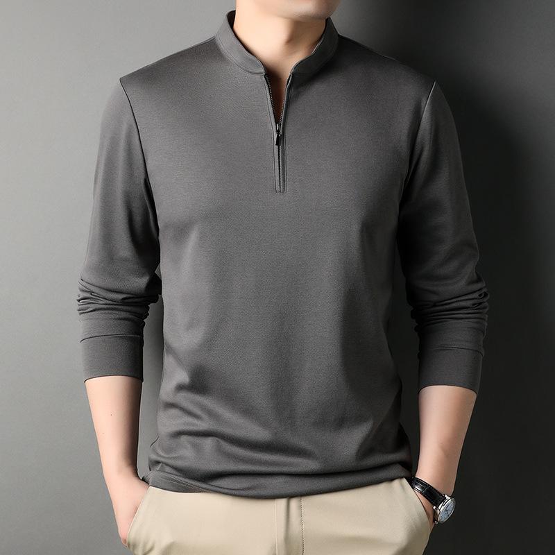Autumn Zipper Stand Collar Men's T-shirt for Young and Middle-aged People Casual Solid Color Thin Cotton Long-sleeved Bottoming Shirt Men's Sweatshirt