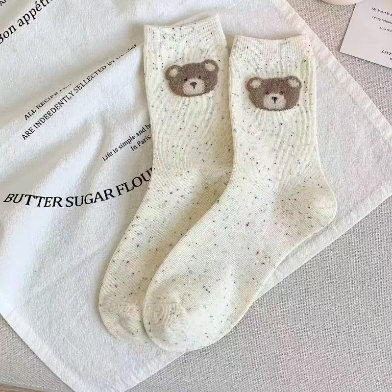 10pairs Socks for Women, Mid-calf Socks, Spring and Autumn Style, Little Bear, Ins Cartoon, Japanese Color Dot Socks