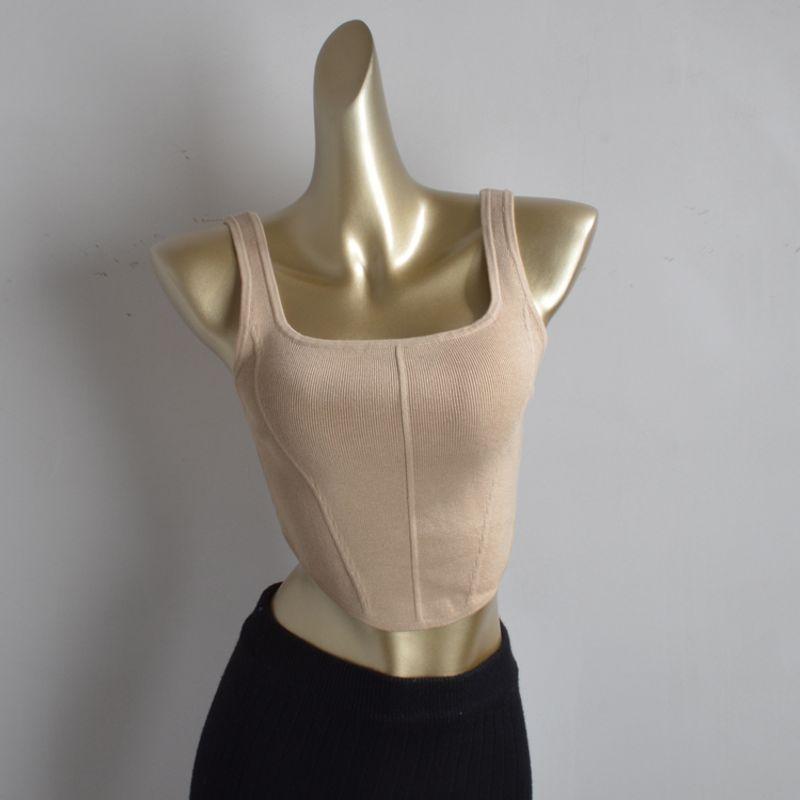 

Export Single Summer Summer New Arrival Square Collar Pure Color Short Camisole Tops Women Khaki XXS