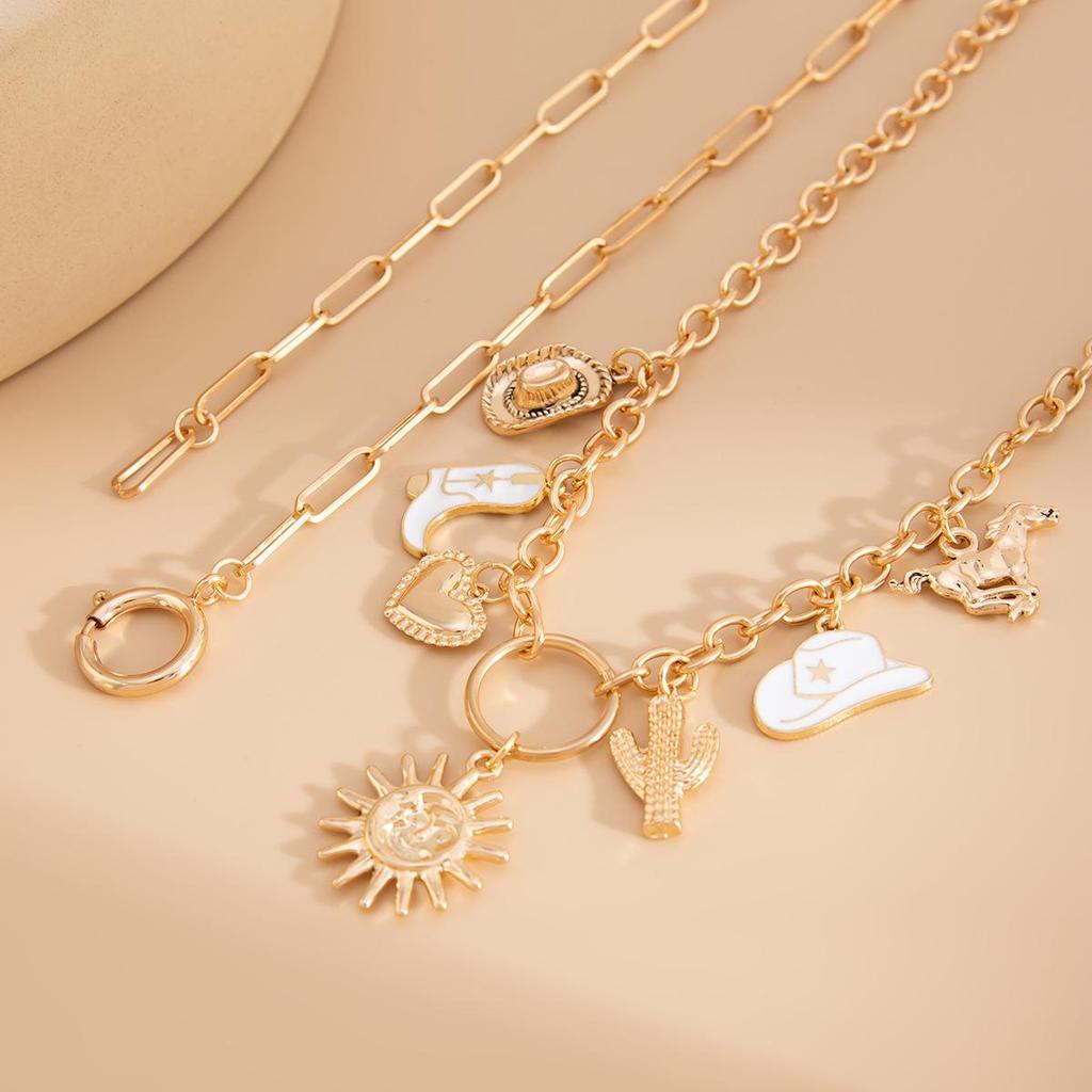 Summer Beach Collection Pendant Necklace Holiday Style Love Sun Cross Chain Lock Bone Chain Personalised Fashion Vintage Women's Necklace
