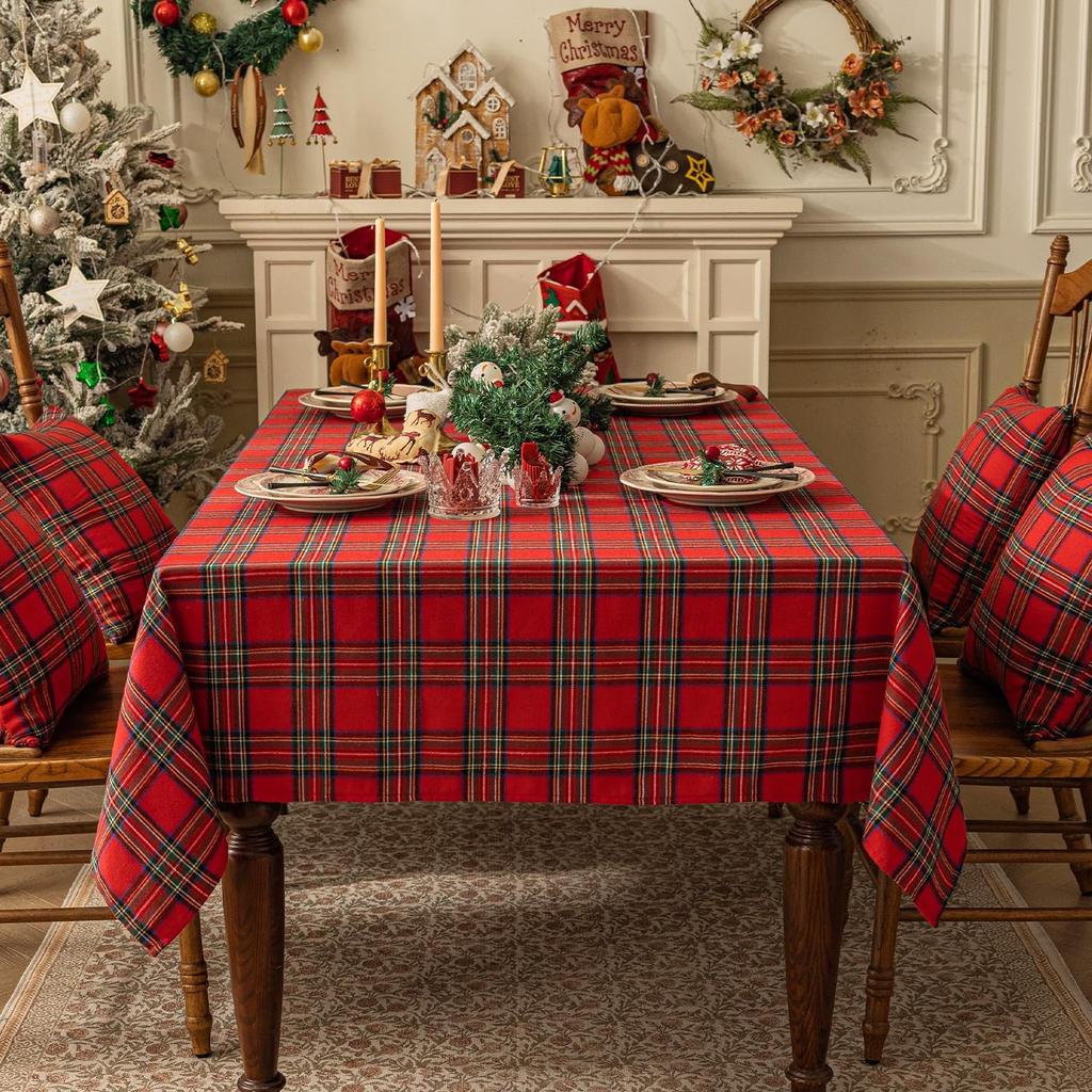 1Pc Christmas Checkered Tablecloth Rectangle - Red Buffalo Plaid Cotton Gingham Xmas Table Cloths, Winter Farmhouse Table