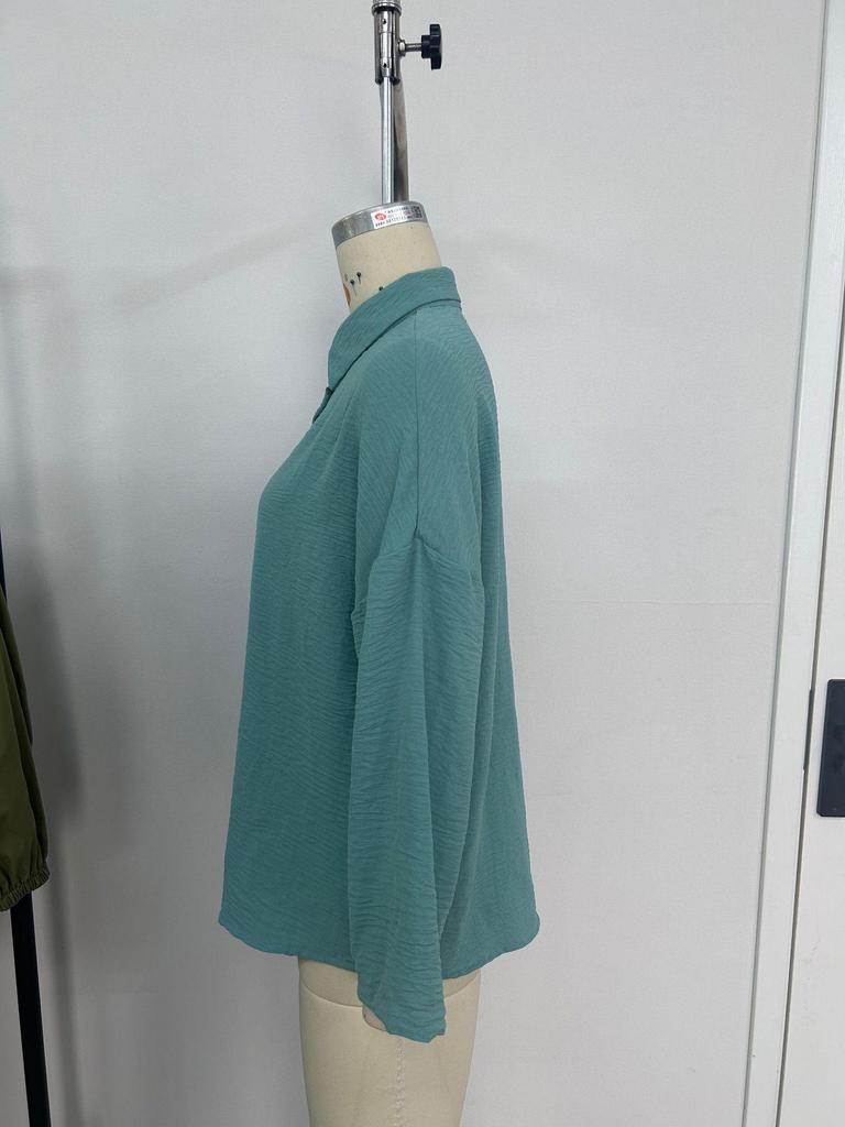 2024 Women's Solid Color Pleated Lapel Shirt - European & American Style, Single-Breasted Roll-Up Sleeve Top