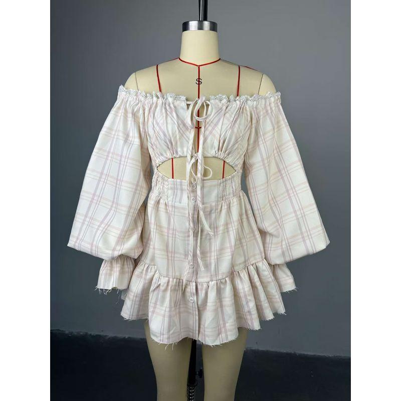 

European and American New off-Shoulder Hollow Lace Lantern Sleeve Dress Sexy Lace up Hollow Dress Plaid 2XL