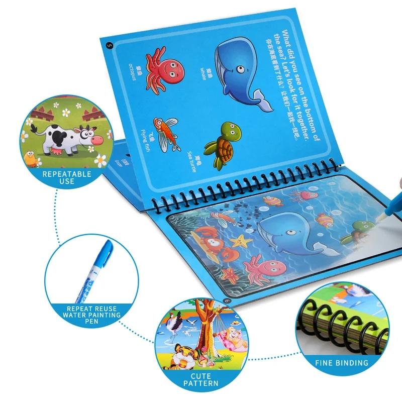Bambini Montessori Libro da colorare riutilizzabile Libro da disegno con acqua magica Libro da disegno per dipingere Giocattoli per l'educazione precoce sensoriale per bambini