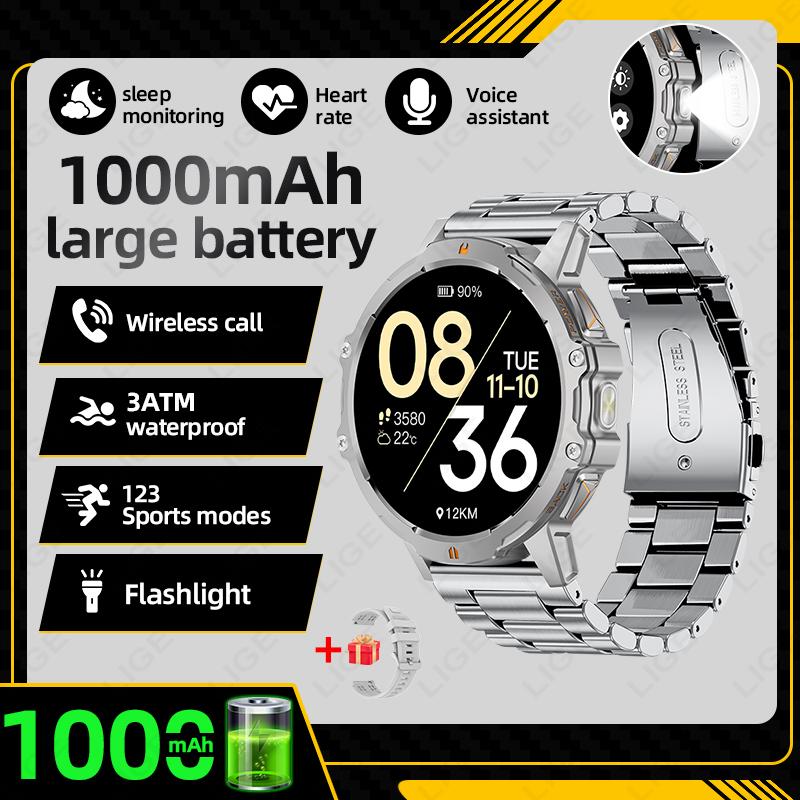 1000mAh Large Capacity Battery Smartwatch Men Outdoor Flashlight Bluetooth Call 3ATM Waterproof Sport Fitness Watches New