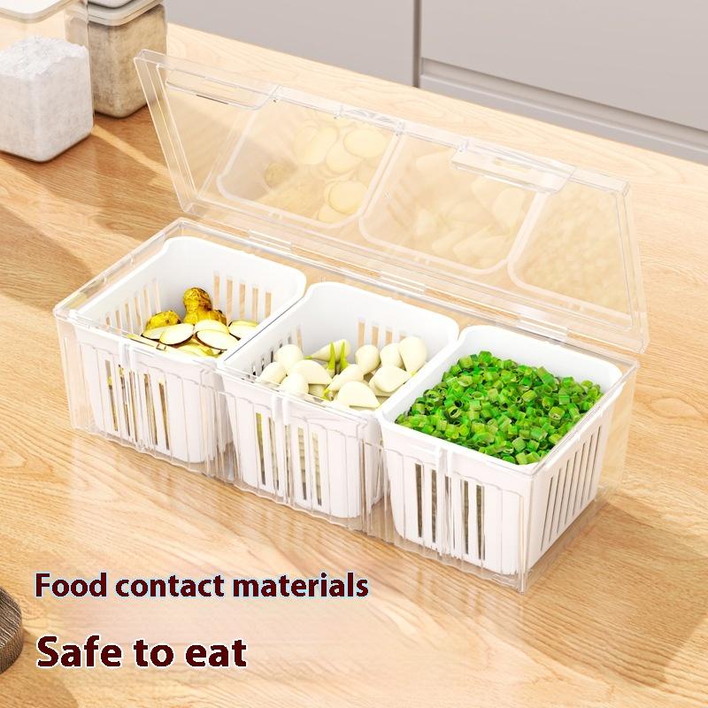 3/4-Compartment Herb Keeper for Green Onions/Ginger/Garlic. Refrigerator Organizer Box Freezer Safe Food Storage Container