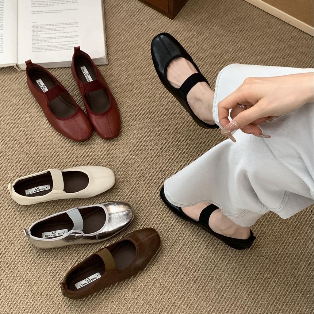 Suding's new one-word belt silver Mary Jane shoes women's soft flat ballet shoes light mouth retro casual shoes