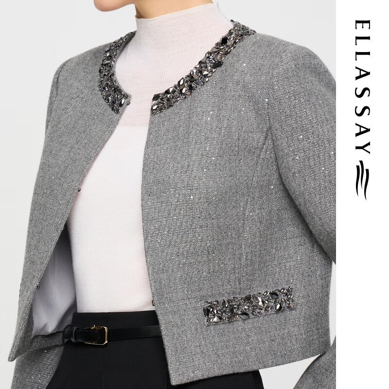 ELLASSAY Women's 2025 Autumn Merino Wool Rhinestone Short Coat