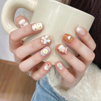 100% HANDMADE Short Round Fake Nail With Glue Toast Pig Cute Macaron Greedy Pig Acrylic Press On Artificial Fake Nails Reusable Nails