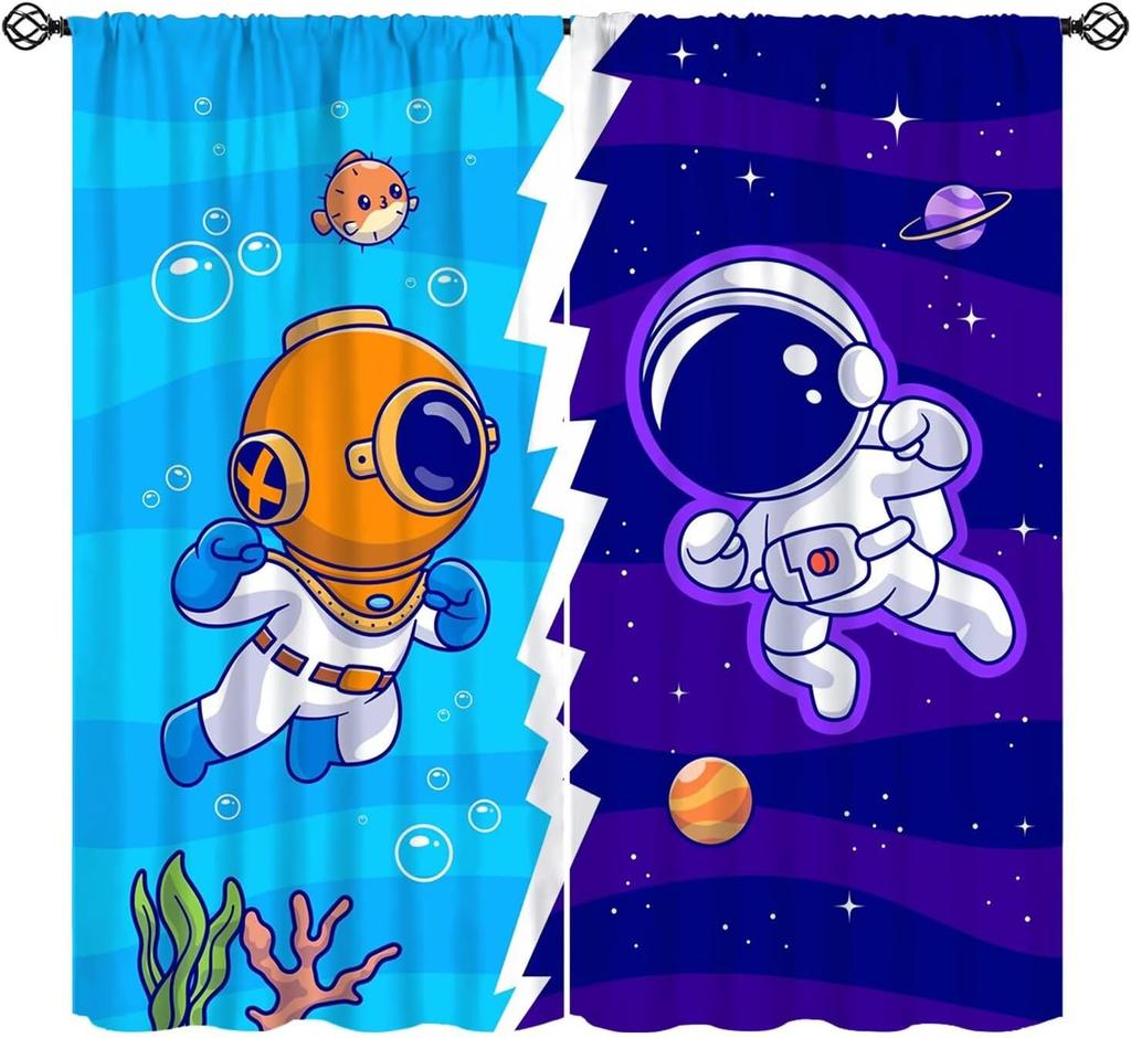 Cartoon Space Universe Curtains,Solar System Planet Rocket Spacecraft Print Decor Rod Pocket Window Treatments For Kids Girls