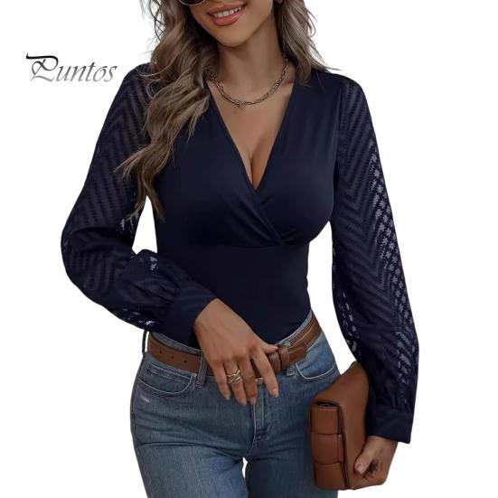 

Женские топы с V-образным вырезом, прозрачные, с длинными рукавами, однотонные, облегающие, с пуловером, топы на каждый день XXL темно-синий