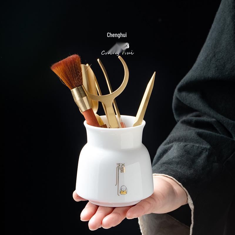 Zen Style Porcelain Tea Ceremony Set: Mutton Fat Jade & Copper Gongfu Tools - 6 Gentlemen