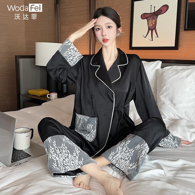 New Chinese style lace long-sleeve pants can be worn out, loungewear, new high-end ice silk pajamas for spring and autumn
