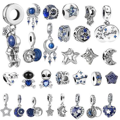 DIY Celestial Blue Sparkling Stars Charm Beads for Original Silver Bracelet Jewelry Making