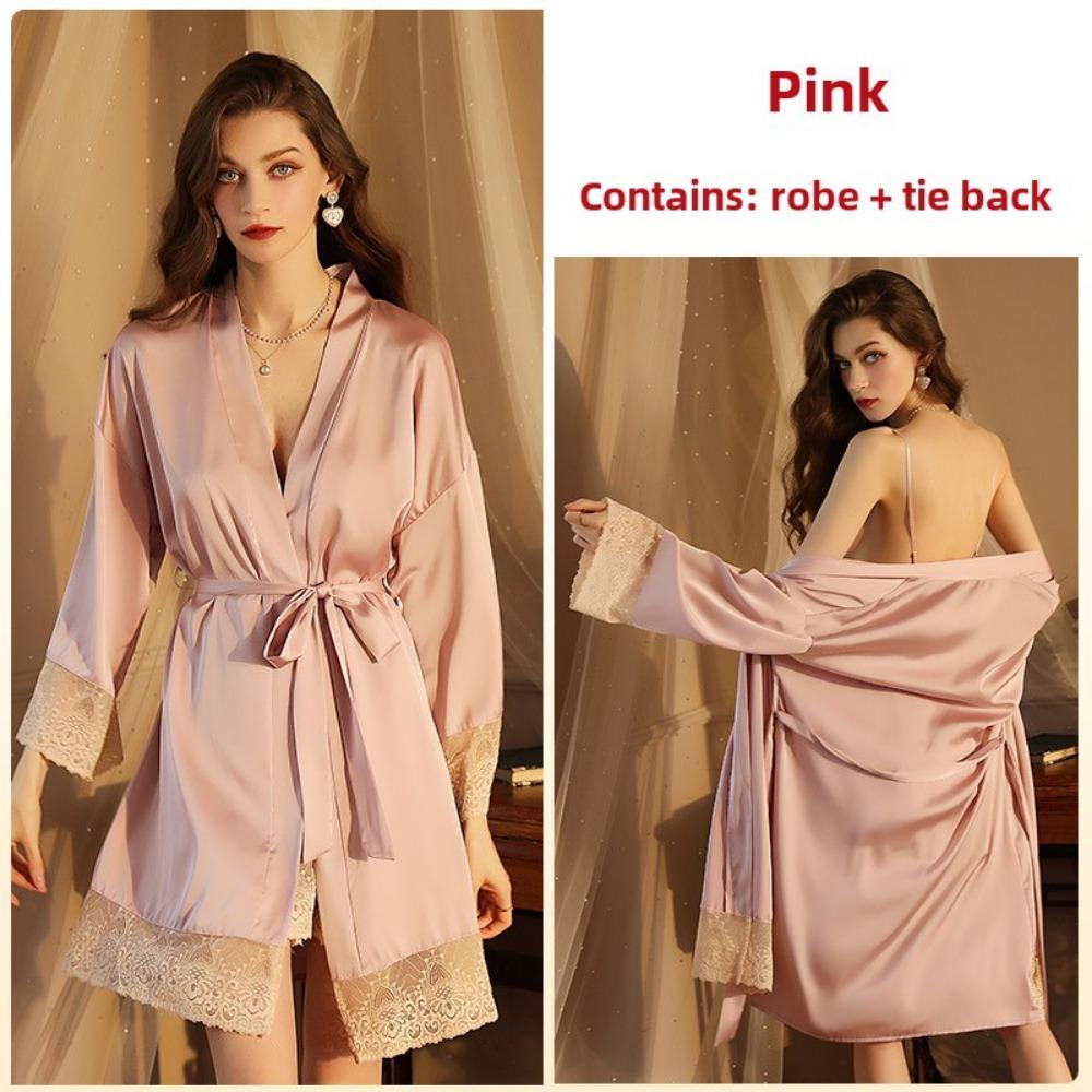 Private Sexy Pajamas, Women's Long-sleeved Satin Lace Lace-up Nightgown and Robe