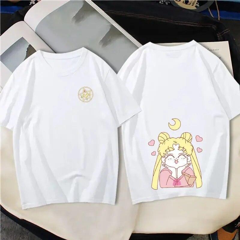 Letnia damska koszulka Kawaii japońska anime Sailor Moon biała/czarna koszulka unisex odzież krótki rękaw topy Y2k Streetwear