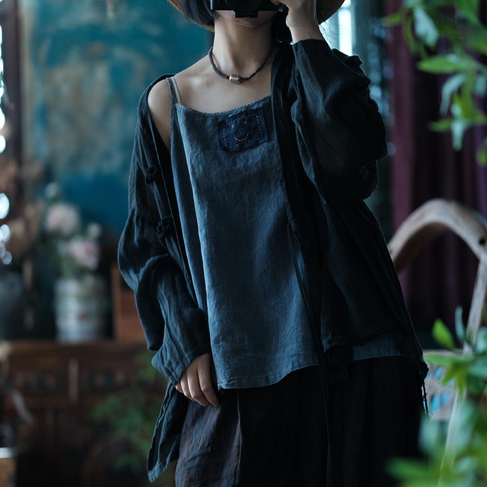 

Женские винтажные топы Johnature, однотонные тканевые летние топы в китайском стиле в стиле пэчворк One Size синий