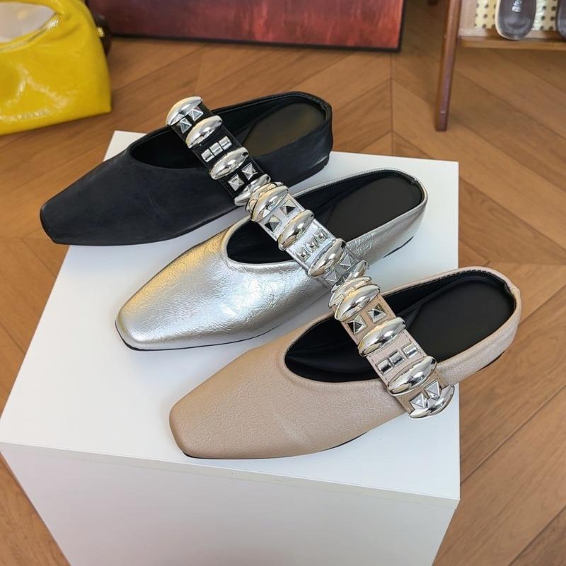 Fashion French Temperament Baotou Rivet Shoes Women's One Foot Metal Buckle Square Toe Half Slippers  Height Increasing Sandals