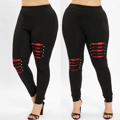 Women Plus Size Beading Ripped Plaid Panel Elastic Waist Casual Leggings Pants