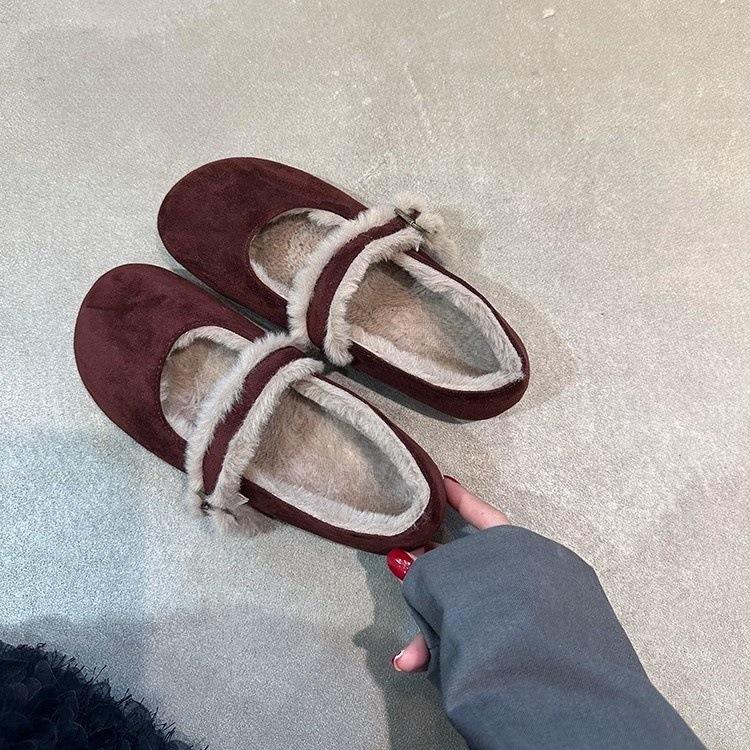 Gentle Evening Breeze Velvet Mary Jane Shoes Women's Doudou Shoes Cotton Shoes 2024 Autumn and Winter Outer Wear Suede Single Shoes Fluffy Shoes