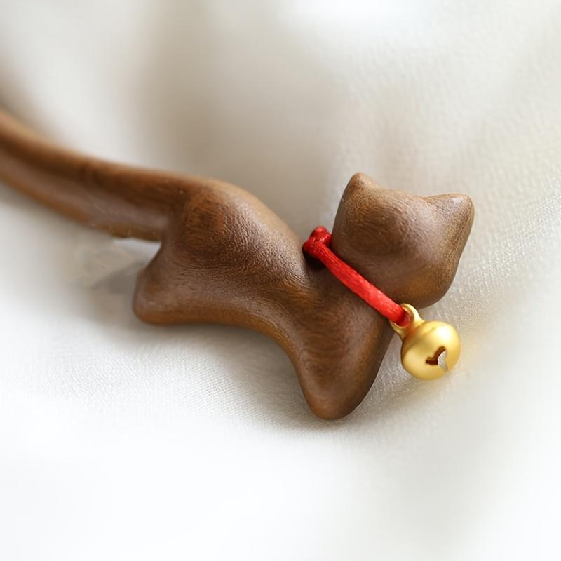 Adorable Chinese-style Hairpin Ancient Wind Gold-threaded Sandalwood Hairpin New Simple Retro Ancient Costume Bell Cat Headwear