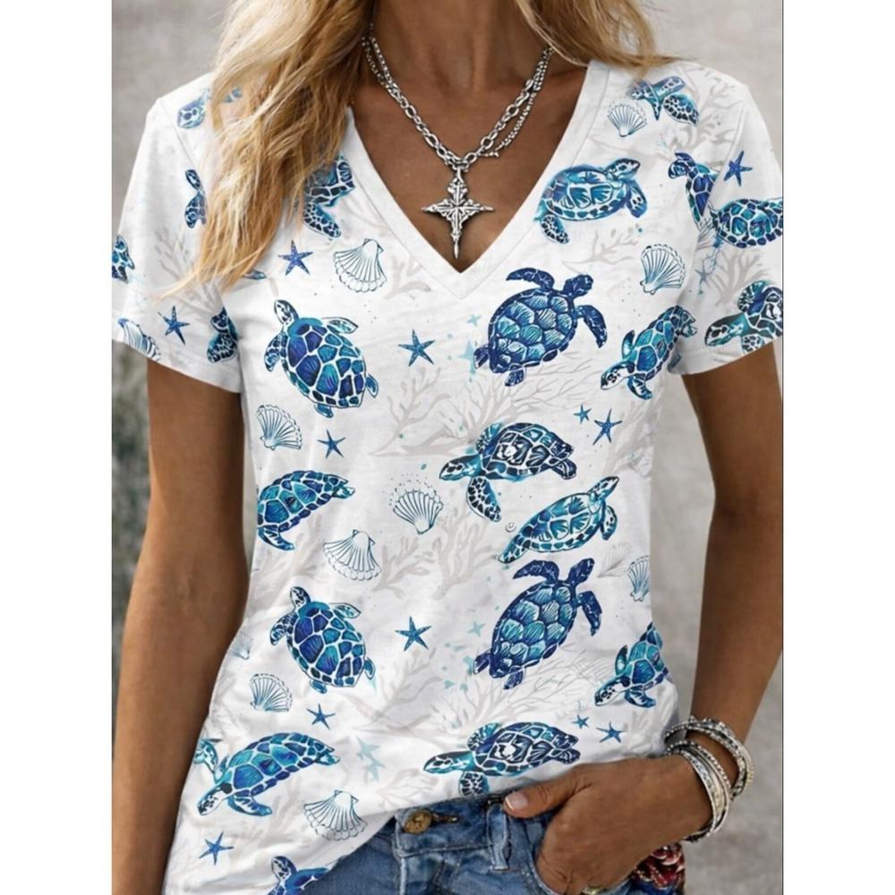 Women s Vintage Floral Plant Print T-Shirt, V-Neck Short Sleeve, Blue White-Blue Pink, Spring Summer S