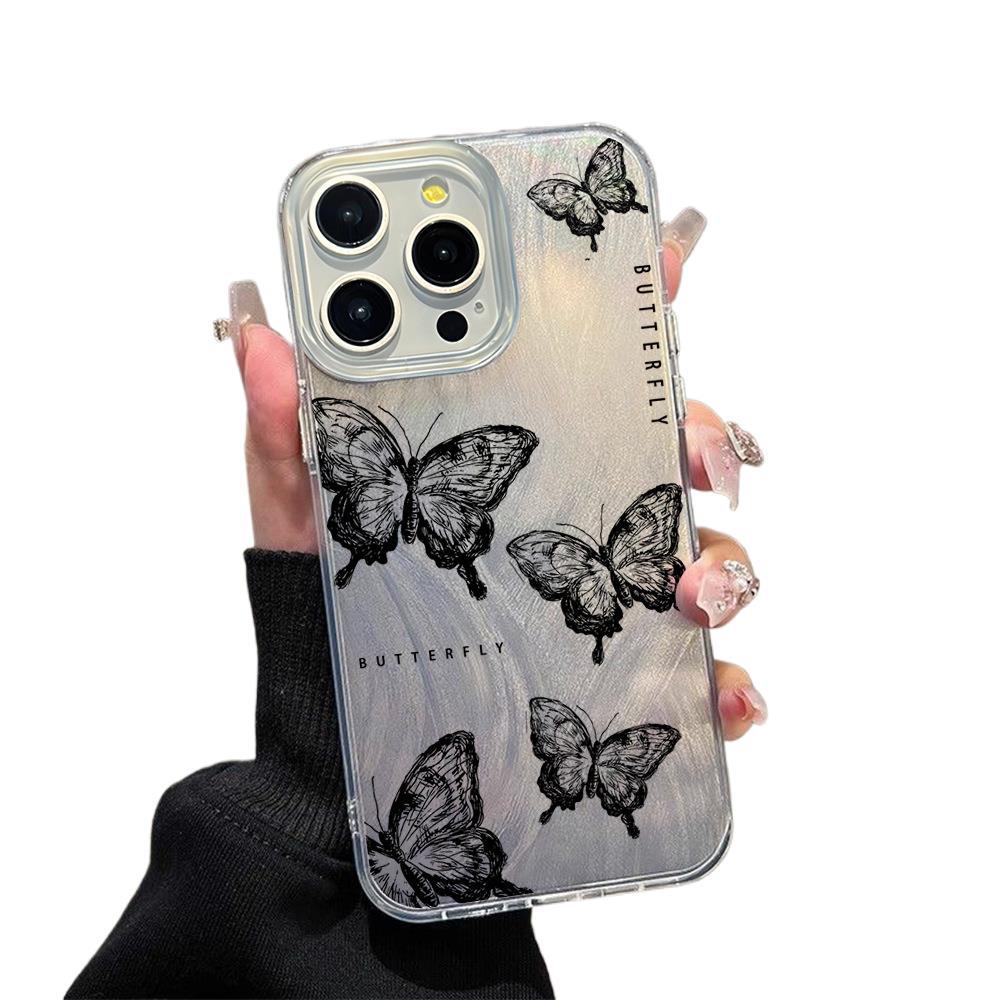 Feather yarn gradual change sketch black butterfly iPhone17 anti-drop mobile phone case Apple 16promax premium sense protective case