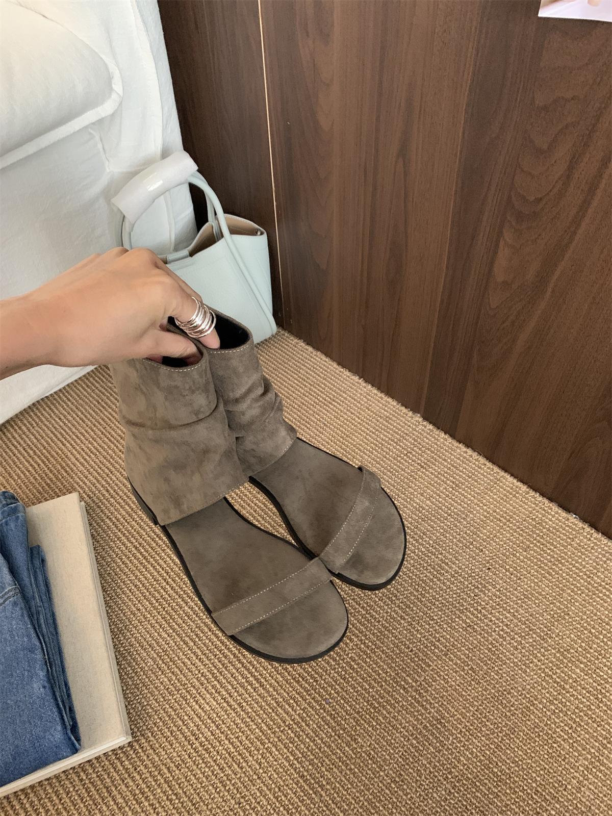 

Модные плиссированные флисовые ботильоны с молнией сзади, крутые босоножки с открытым носком и толстым низким каблуком 39 хаки