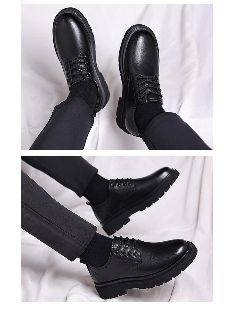 Men's Black Leather Derby Shoes, Casual Spring Style with Thick Soles, Low-Top Formal Wedding Martin Boots.