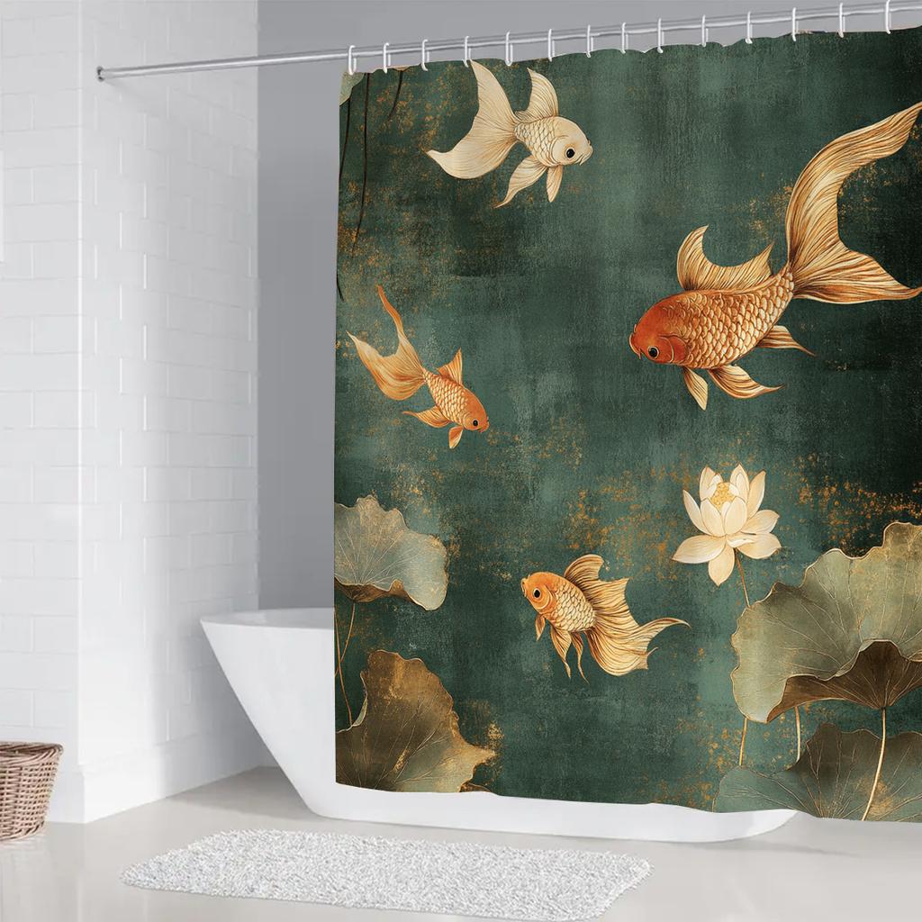 1pc Vintage Goldfish and Lotus Shower Curtain - Polyester with Hook Bathroom Decor, Home Accessories for All Seasons