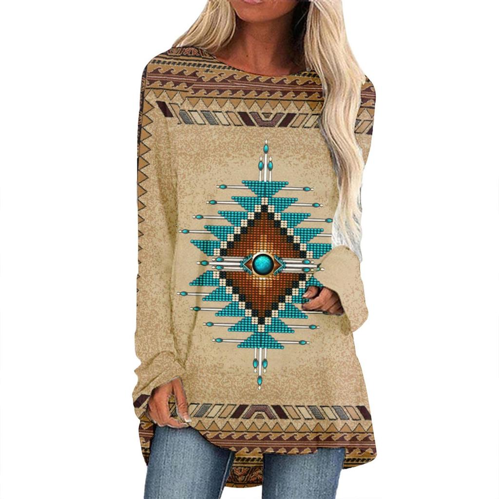 Damen Mode Lässig Langarm Boho Retro Langarm Print Top