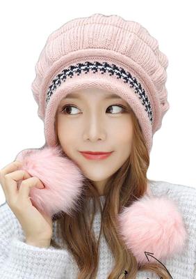 Gergeous Women's Knit Hat with Cable Pom-Pom and Gloves, Winter Knit Cap for Cold Weather Protection and Playing In the Snow (Free Size Pink)