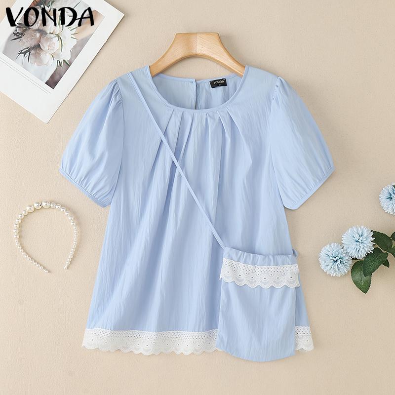 

VONDA Womens O-Neck Puff Sleeve Ruffled Lace Hem Casual Loose Tops Blouse with Bag 5XL синий