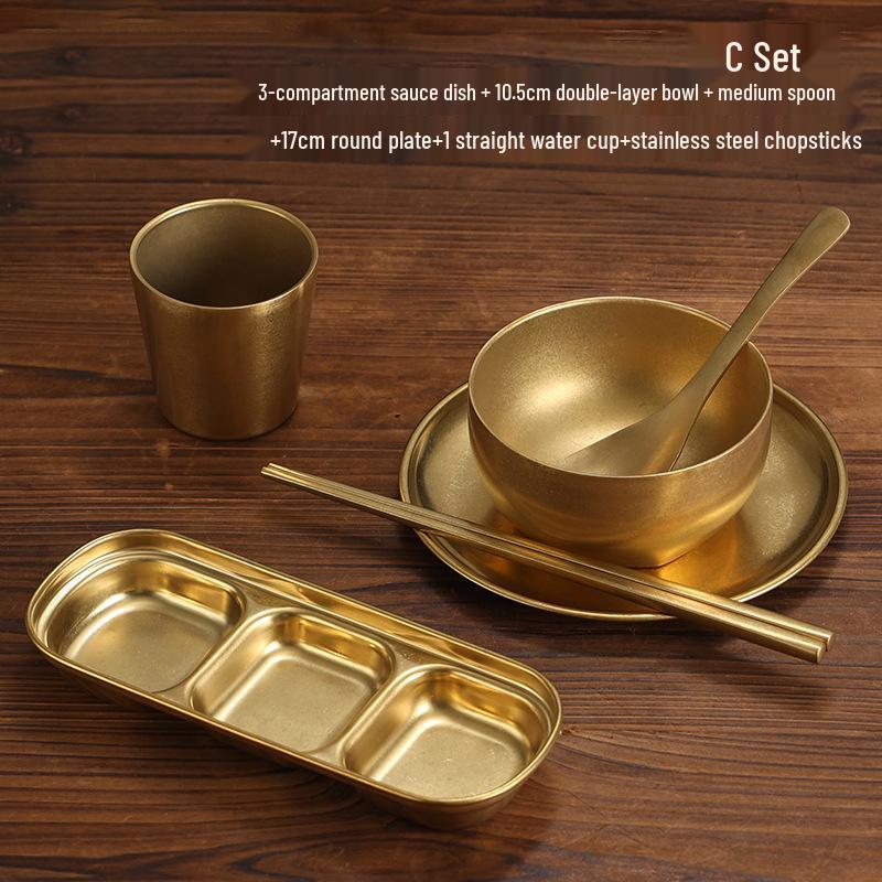 Retro Gold Stainless Steel Tableware Set: Rectangular Plate, Seasoning Dish, Bowl, Water Cup, Chopsticks, Spoon.