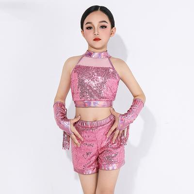 Bambina Ragazza Abbigliamento Pratica Danza Moderna Latino Jazz Set Maniche Corta Metalliche con Paillettes Abbigliamento da Esibizione