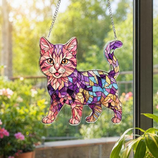 Cat Stained Glass Pendant with Easy Hang Style Suncatcher Acrylic Metal Chain Window