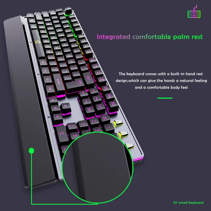 Mekanisk kablet spilltastatur og håndleddsstøtte Rainbow LED-bakgrunnsbelyst, ergonomisk stillegående stille USB-tastatur i full størrelse for datamaskin