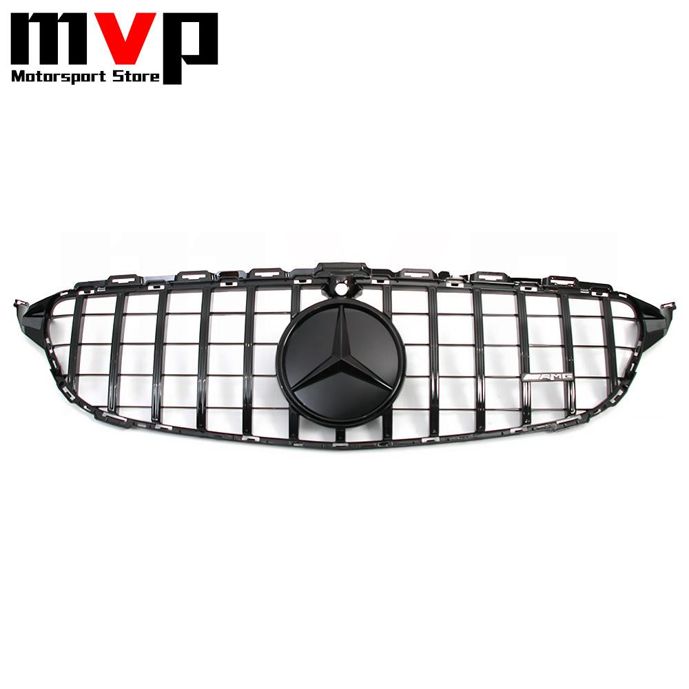 Glossy Black GTR Style Bumper Grille With 3D ABS Star Emblem Logo For Mercedes Benz C-Class W205 2019-21 C180 C200 C300 C43 AMG
