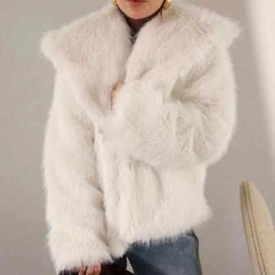 Chaqueta de piel sintética para mujer, cuello vuelto, peluda, acogedora, tipo corto, ropa de abrigo, manga larga, corte holgado, chaqueta cálida de celebridad para uso diario al aire libre
