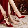 Fashion Red Xiuhe Wedding Shoes New Pointy Stiletto High Heels Female Shallow Mouth Bow Pearl One Word Buckle Strap Two Wear Bride Shoes