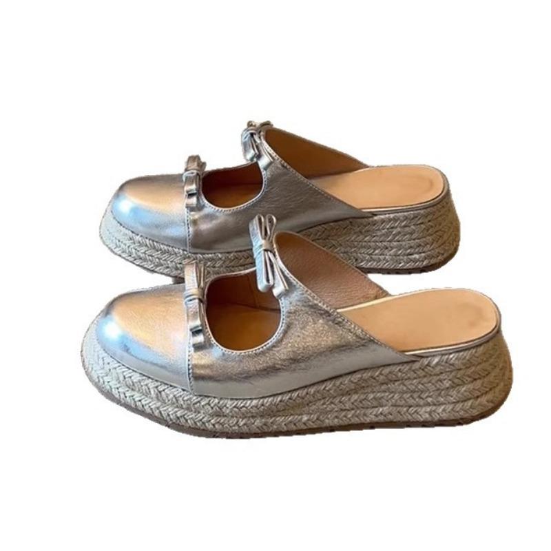 Straw thick-soled fisherman's shoes women's summer new heightening bow shallow mouth one-word bag head slippers