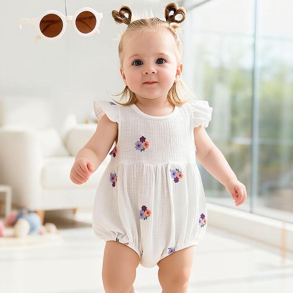 Korean-Style Girls' Summer Bodysuit with Purple Floral Embroidery