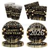 2026 Black Gold New Year Disposable Party Set: Plates, Napkins, Tableware Supplies