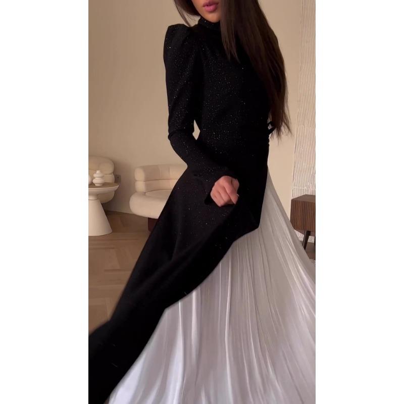 Women's Long Sleeve Patchwork Pleated Two-Piece Dresses