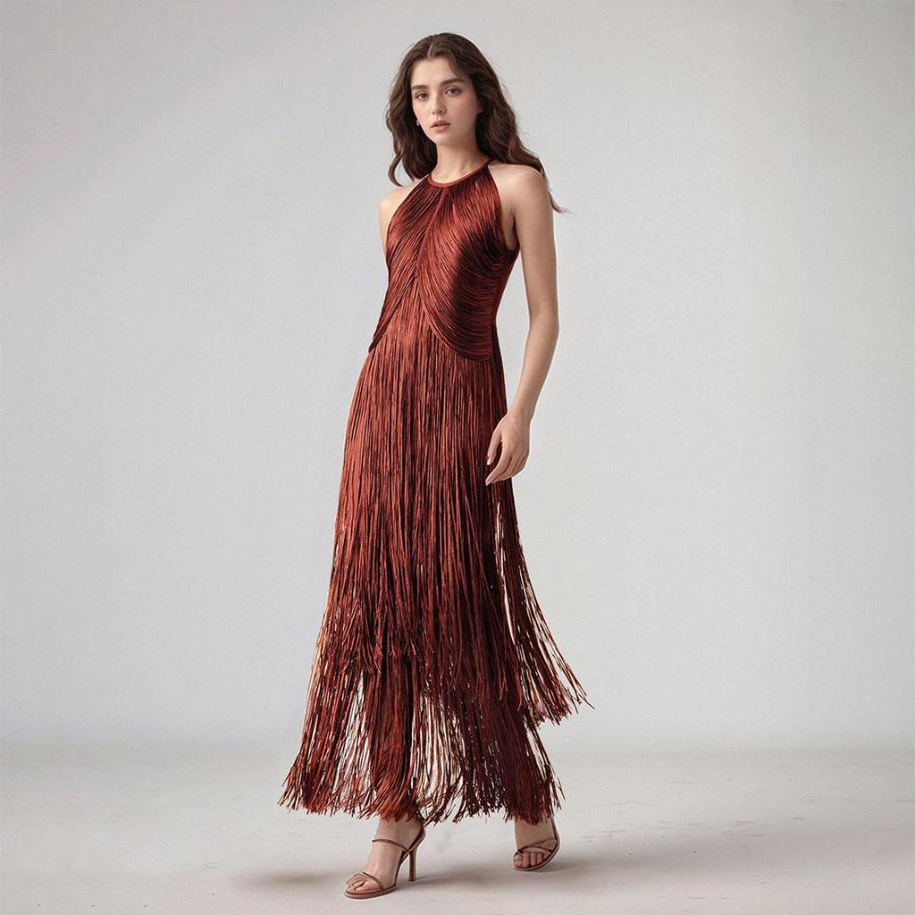 Women's Tassel Sleeveless Waist-Cinching Bandage Evening Gown